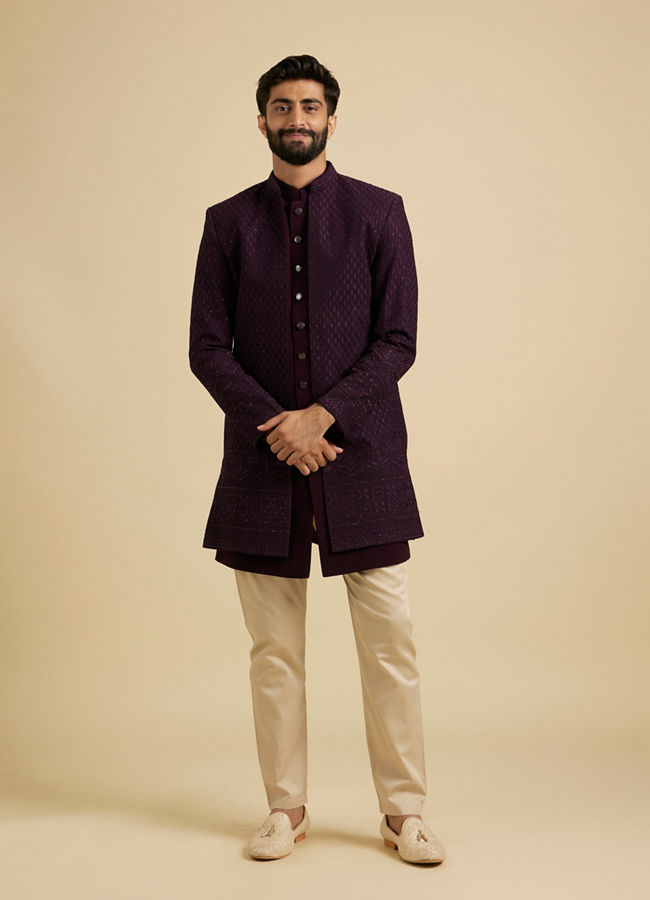 Manyavar Men Wine Georgette Splendor Indo Western