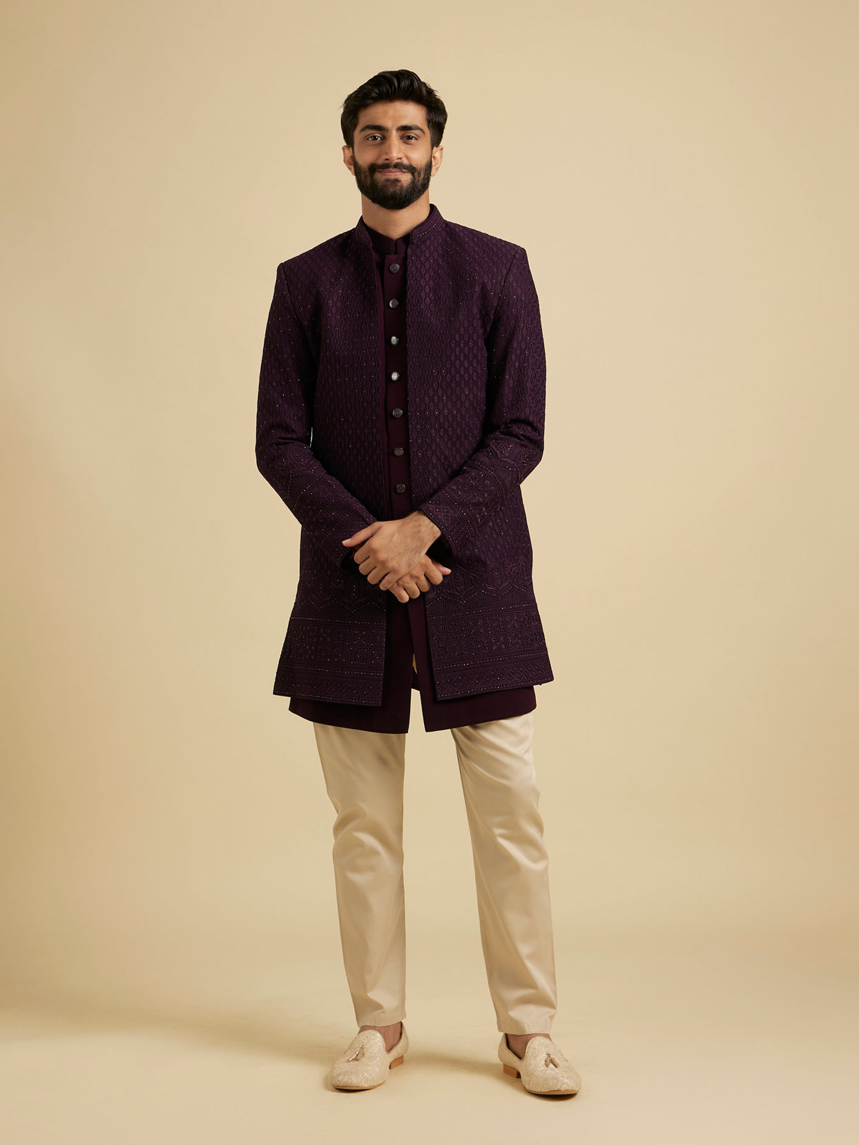 Manyavar Men Wine Georgette Splendor Indo Western