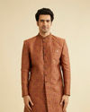 alt message - Manyavar Men Rust Red Ogee Patterned Indo Western Set with Embellished Collar image number 0