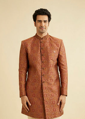 alt message - Manyavar Men Rust Red Ogee Patterned Indo Western Set with Embellished Collar image number 0