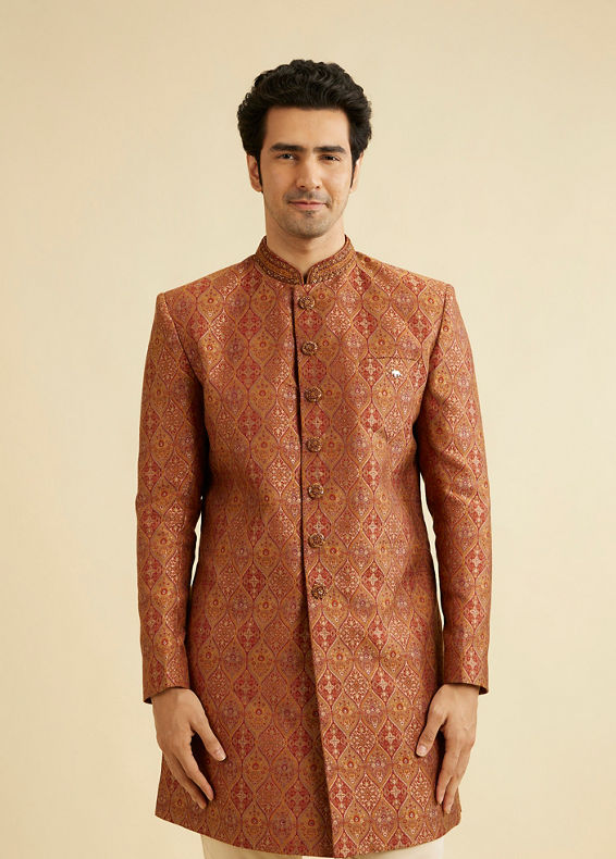 Manyavar Men Rust Red Ogee Patterned Indo Western Set with Embellished Collar