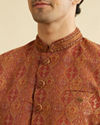 alt message - Manyavar Men Rust Red Ogee Patterned Indo Western Set with Embellished Collar image number 1