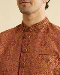 Manyavar Men Rust Red Ogee Patterned Indo Western Set with Embellished Collar