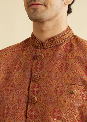 alt message - Manyavar Men Rust Red Ogee Patterned Indo Western Set with Embellished Collar image number 1