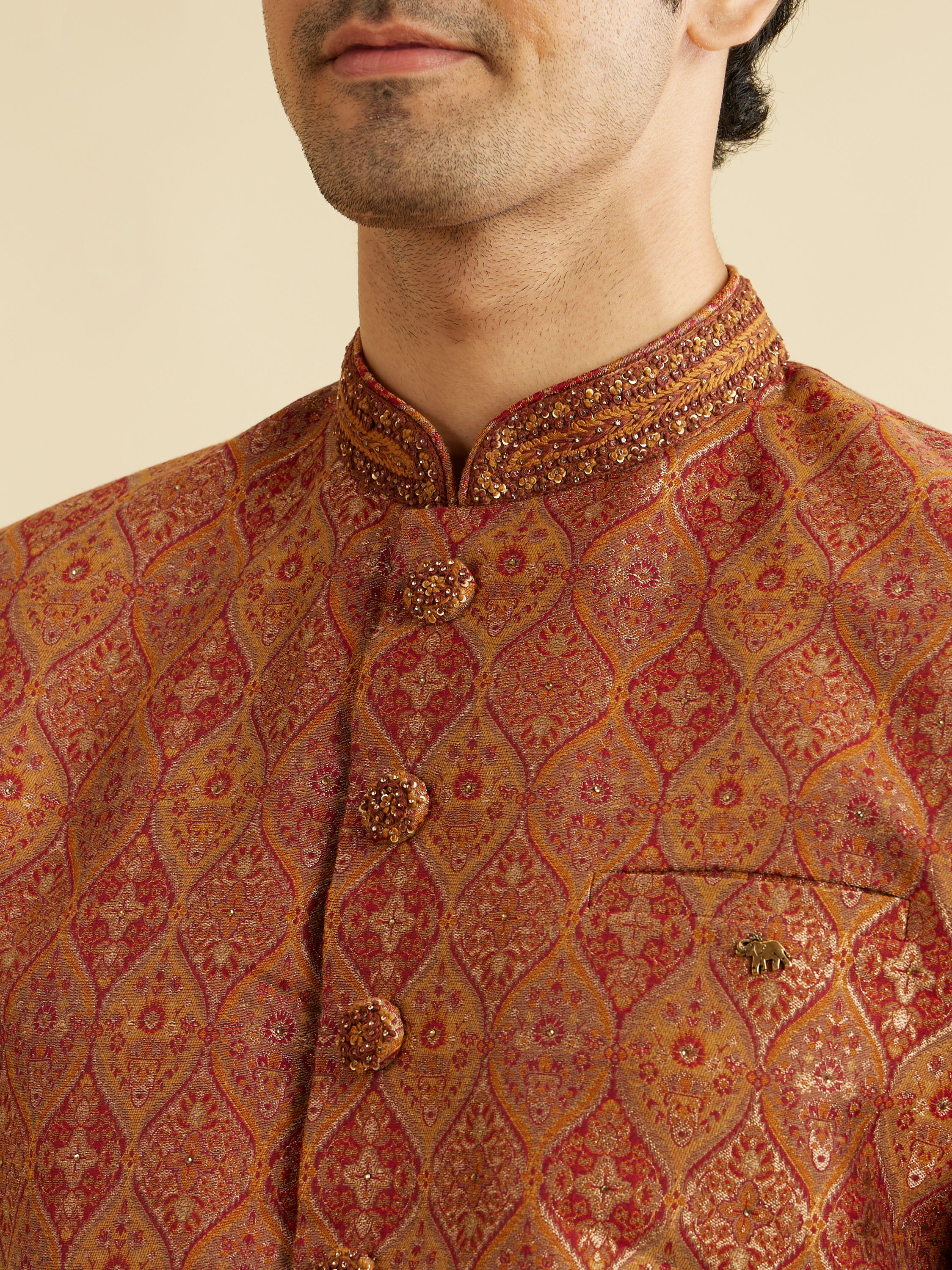 Manyavar Men Rust Red Ogee Patterned Indo Western Set with Embellished Collar