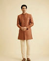 Manyavar Men Rust Red Ogee Patterned Indo Western Set with Embellished Collar