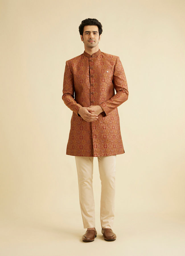 Manyavar Men Rust Red Ogee Patterned Indo Western Set with Embellished Collar