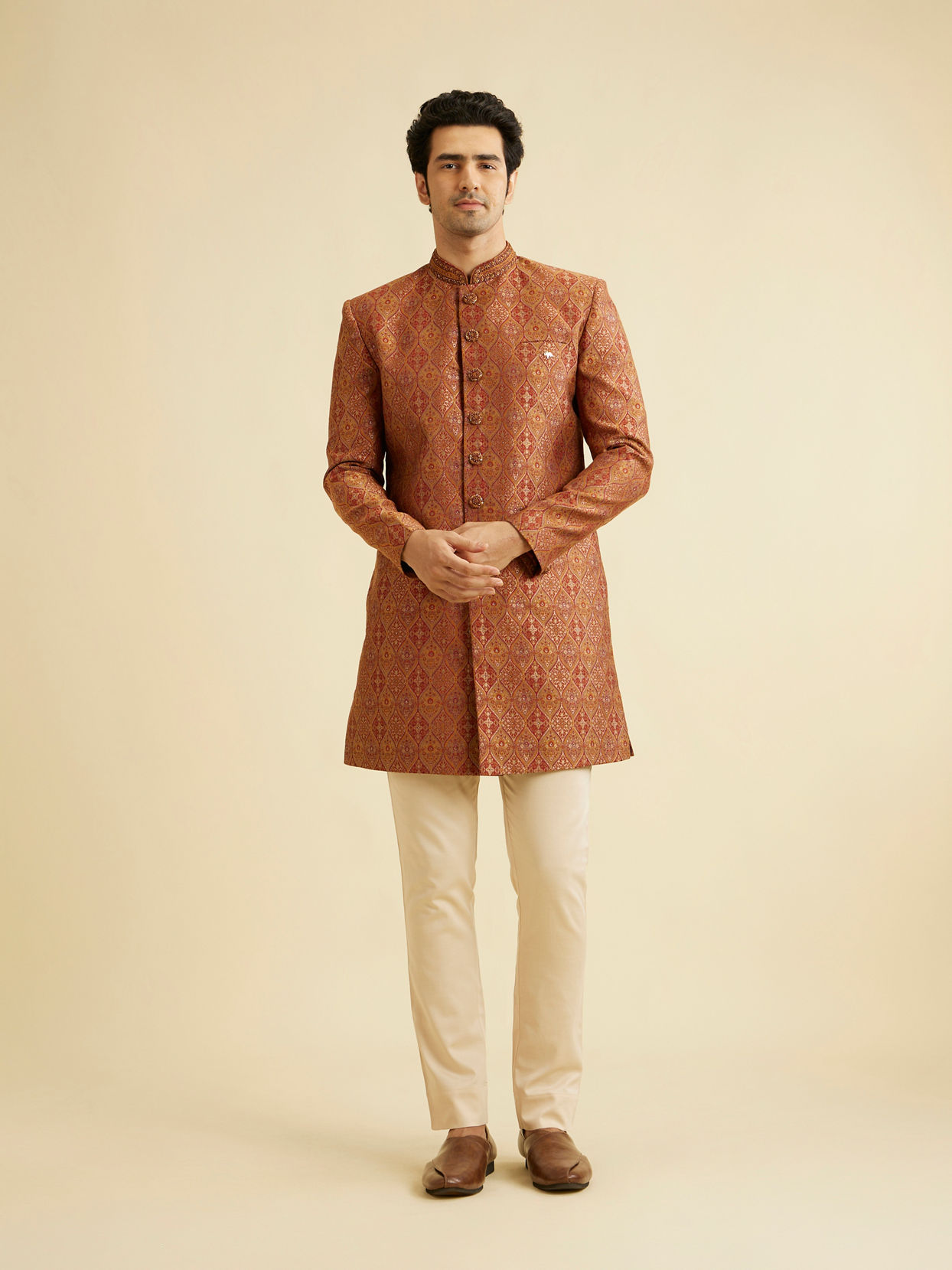Manyavar Men Rust Red Ogee Patterned Indo Western Set with Embellished Collar