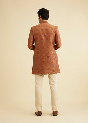 alt message - Manyavar Men Rust Red Ogee Patterned Indo Western Set with Embellished Collar image number 4