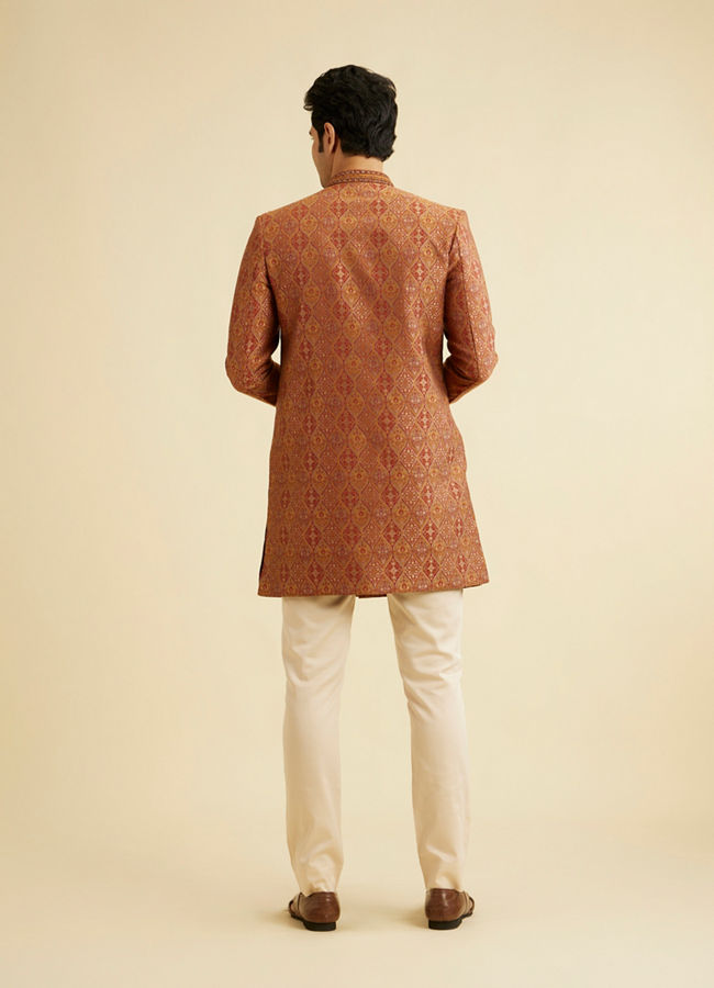 Manyavar Men Rust Red Ogee Patterned Indo Western Set with Embellished Collar