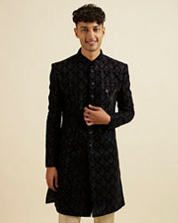 Manyavar Men Regal Dark Blue Velvet Indo Western Jacket