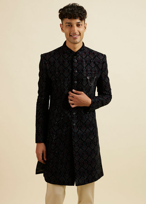 Manyavar Men Regal Dark Blue Velvet Indo Western Jacket