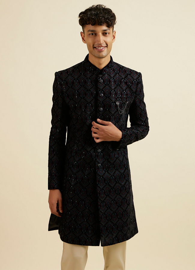 Manyavar Men Regal Dark Blue Velvet Indo Western Jacket