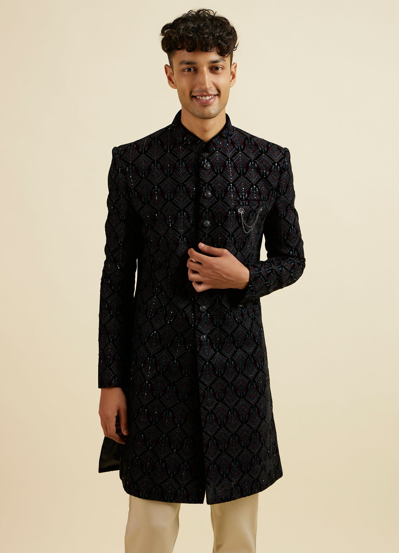 Manyavar Men Regal Dark Blue Velvet Indo Western Jacket