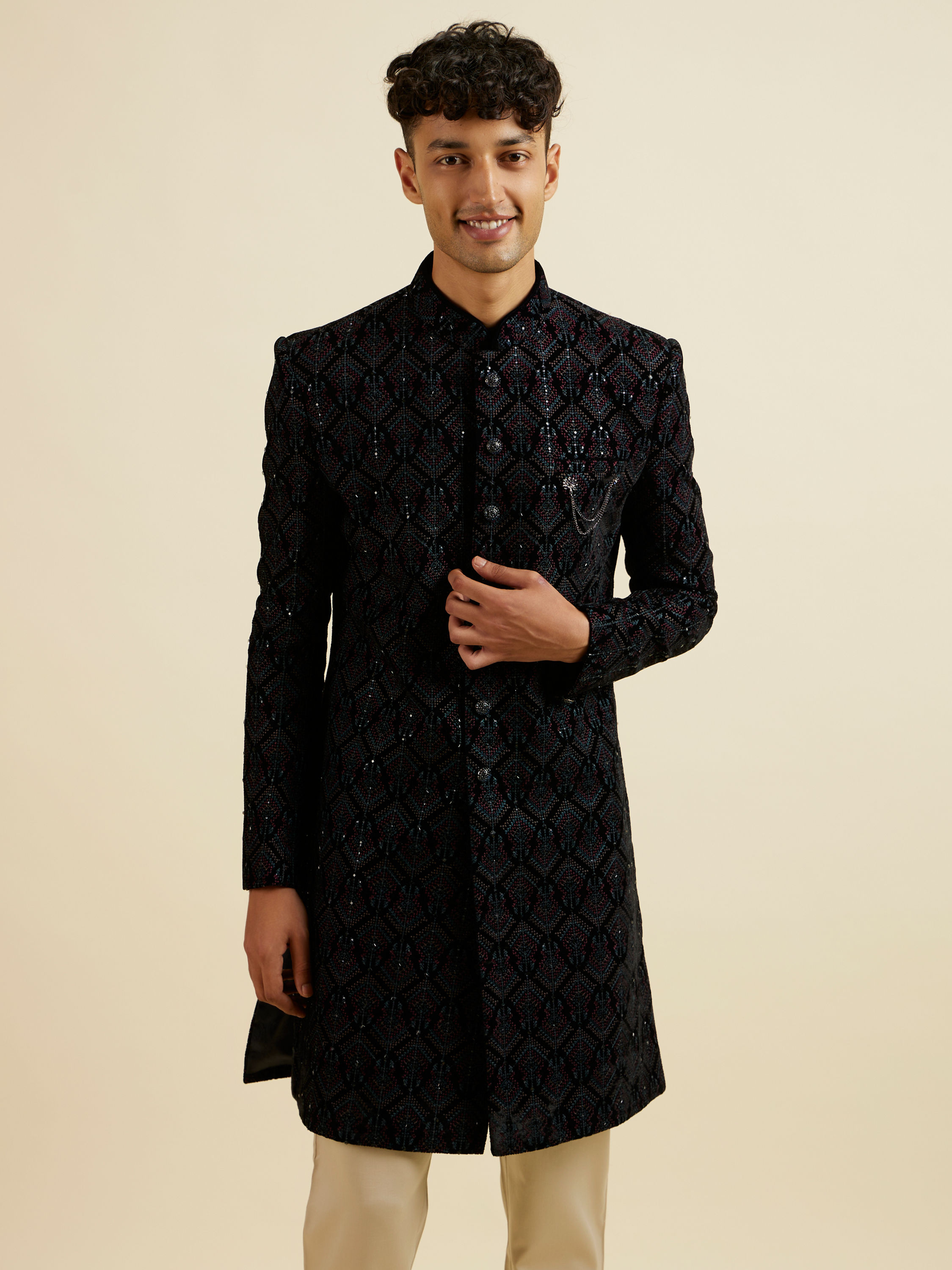 Manyavar Men Regal Dark Blue Velvet Indo Western Jacket