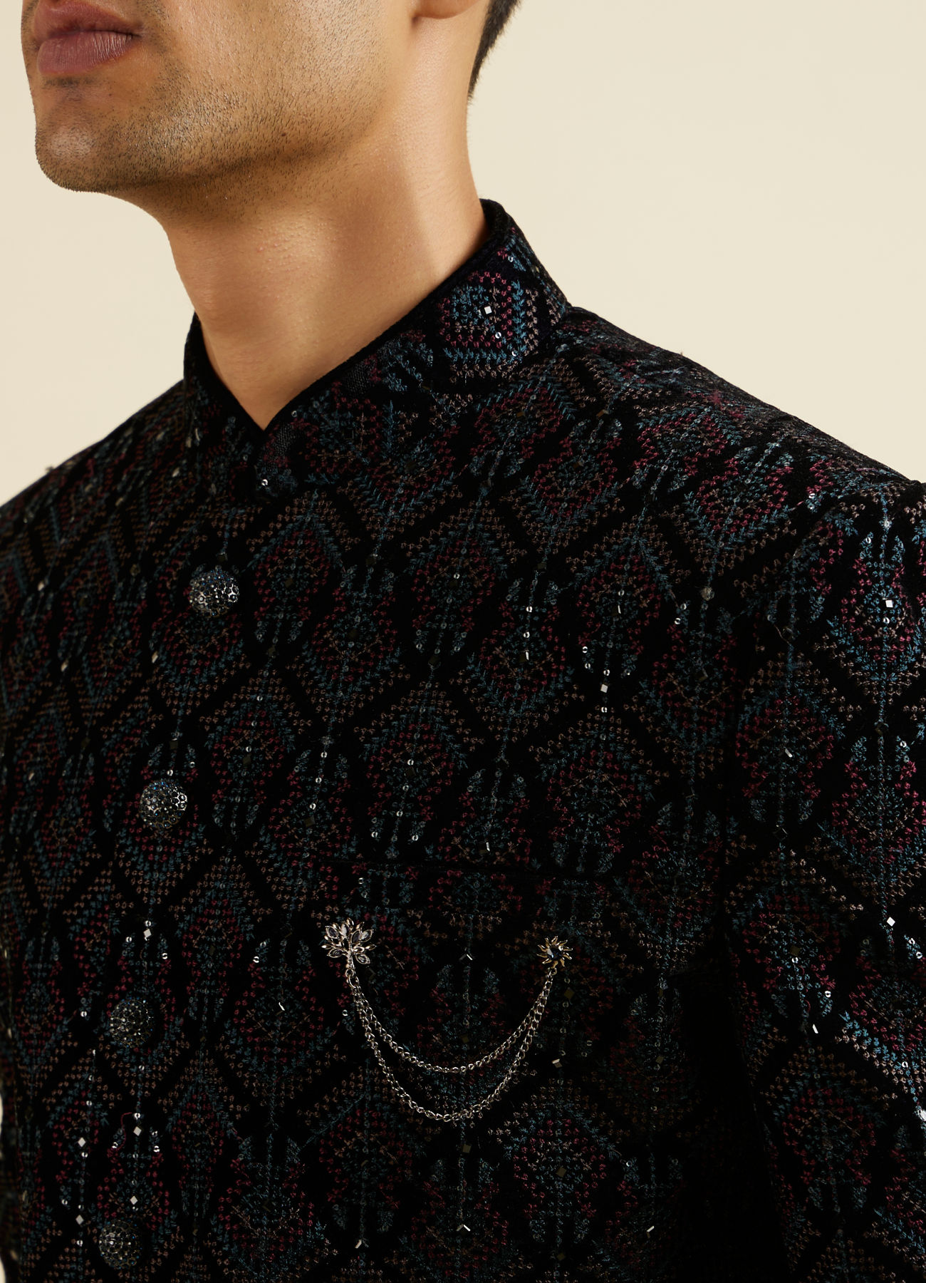 Manyavar Men Regal Dark Blue Velvet Indo Western Jacket