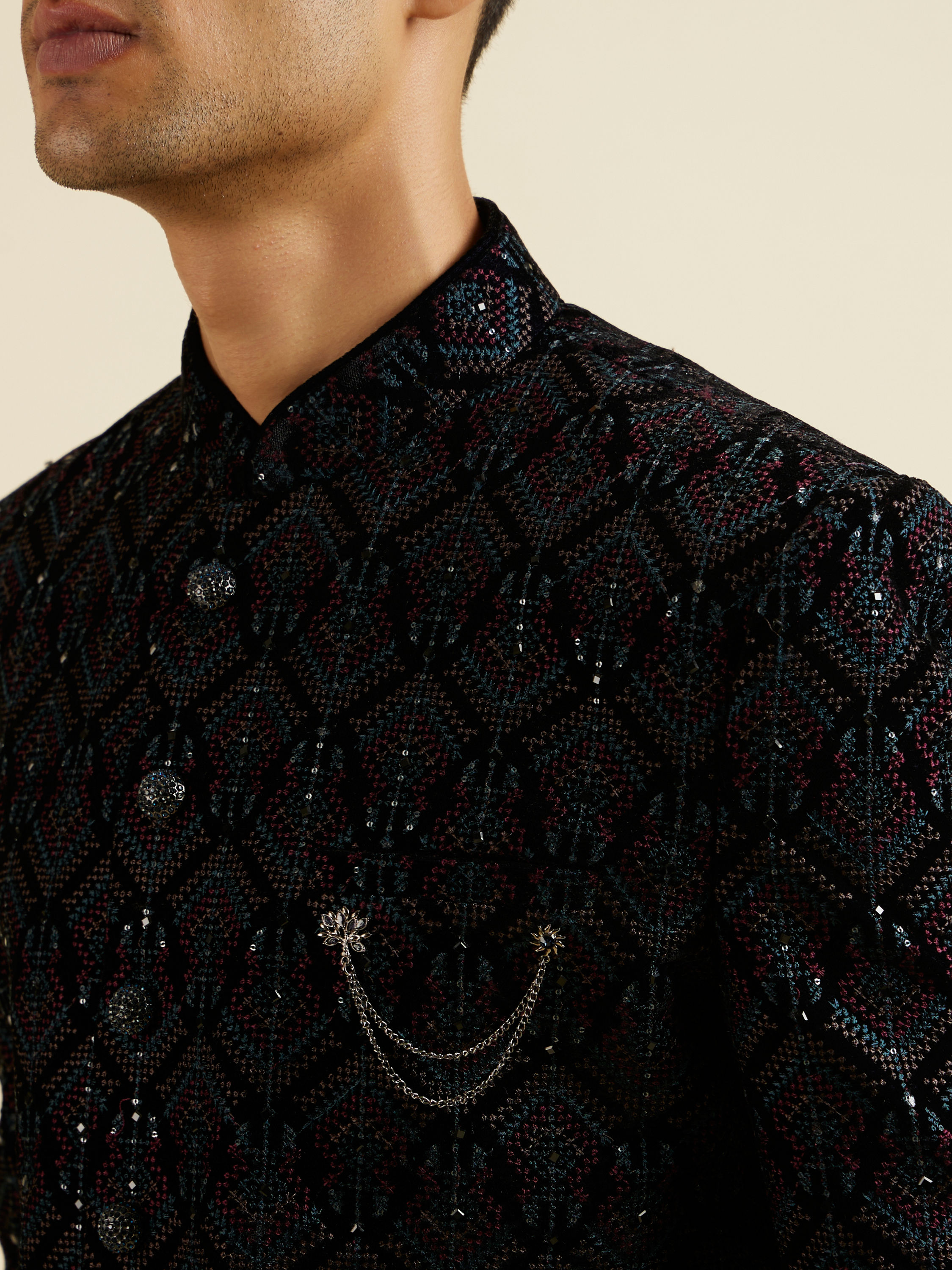 Manyavar Men Regal Dark Blue Velvet Indo Western Jacket