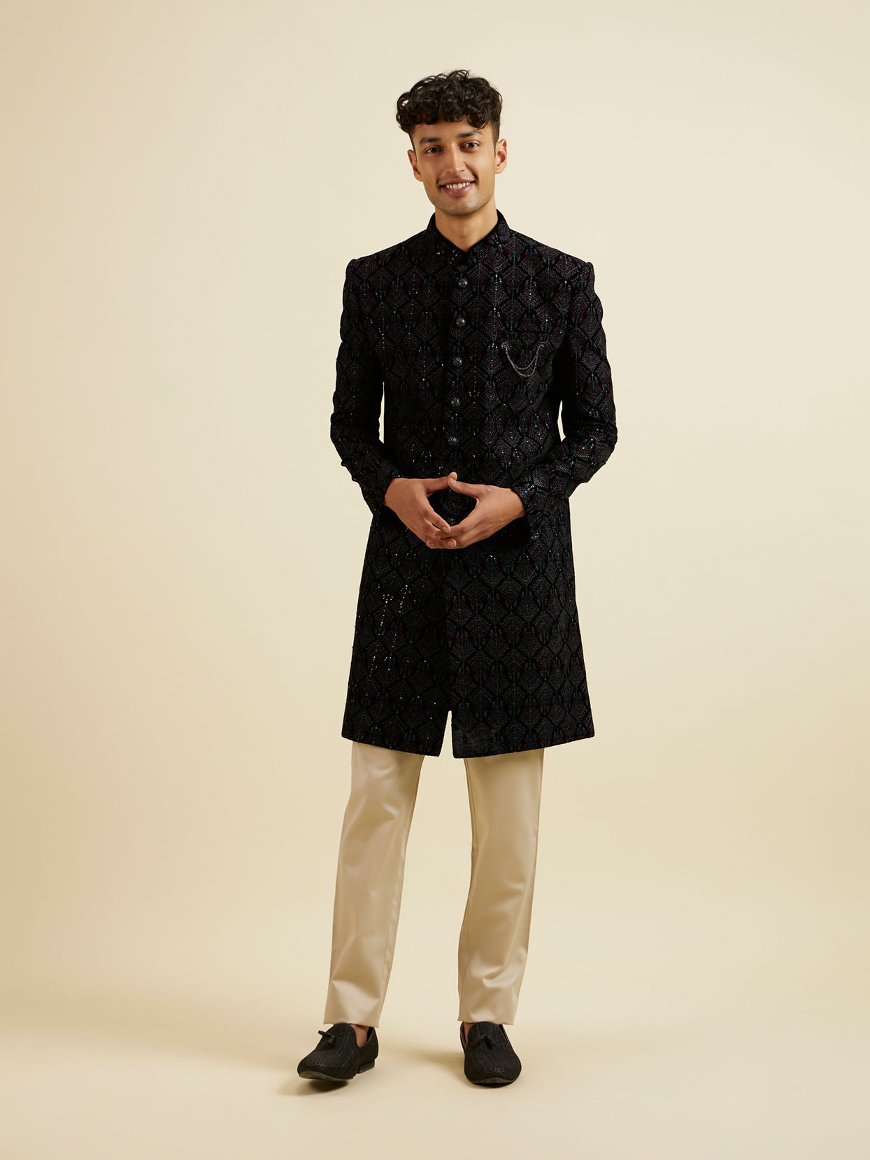 Manyavar Men Regal Dark Blue Velvet Indo Western Jacket