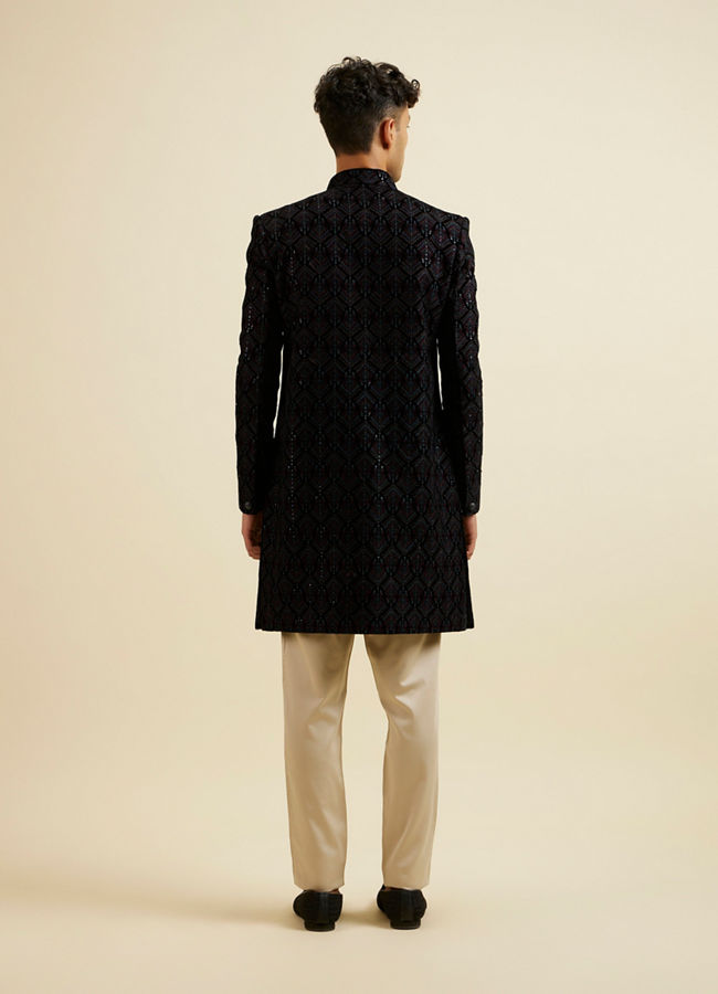 Manyavar Men Regal Dark Blue Velvet Indo Western Jacket