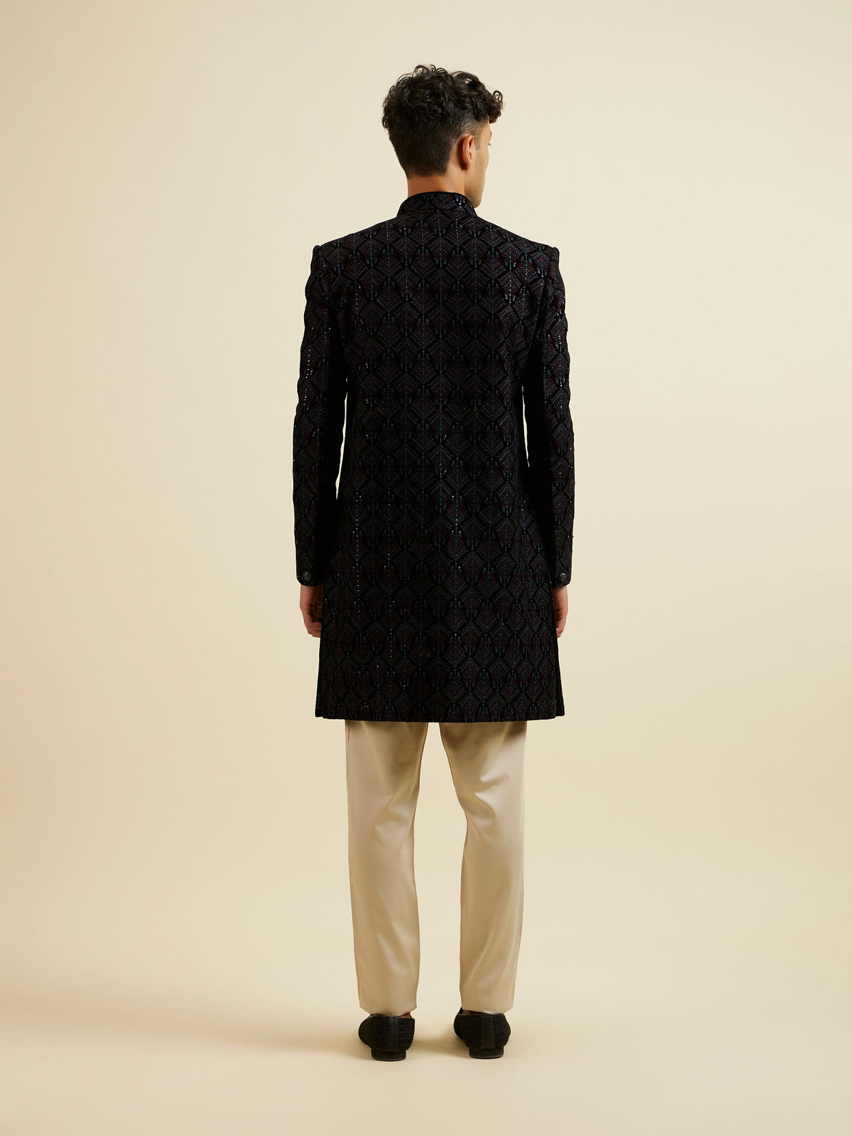 Manyavar Men Regal Dark Blue Velvet Indo Western Jacket
