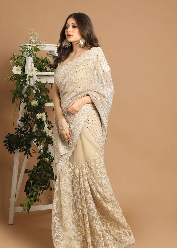 Mohey Women Beige Net Saree