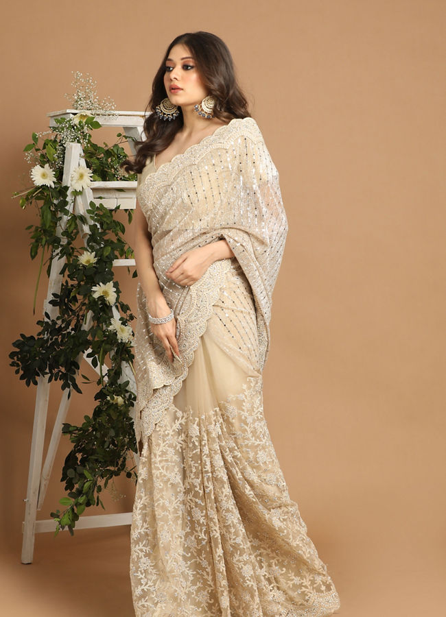 Beige Net Saree image number 0