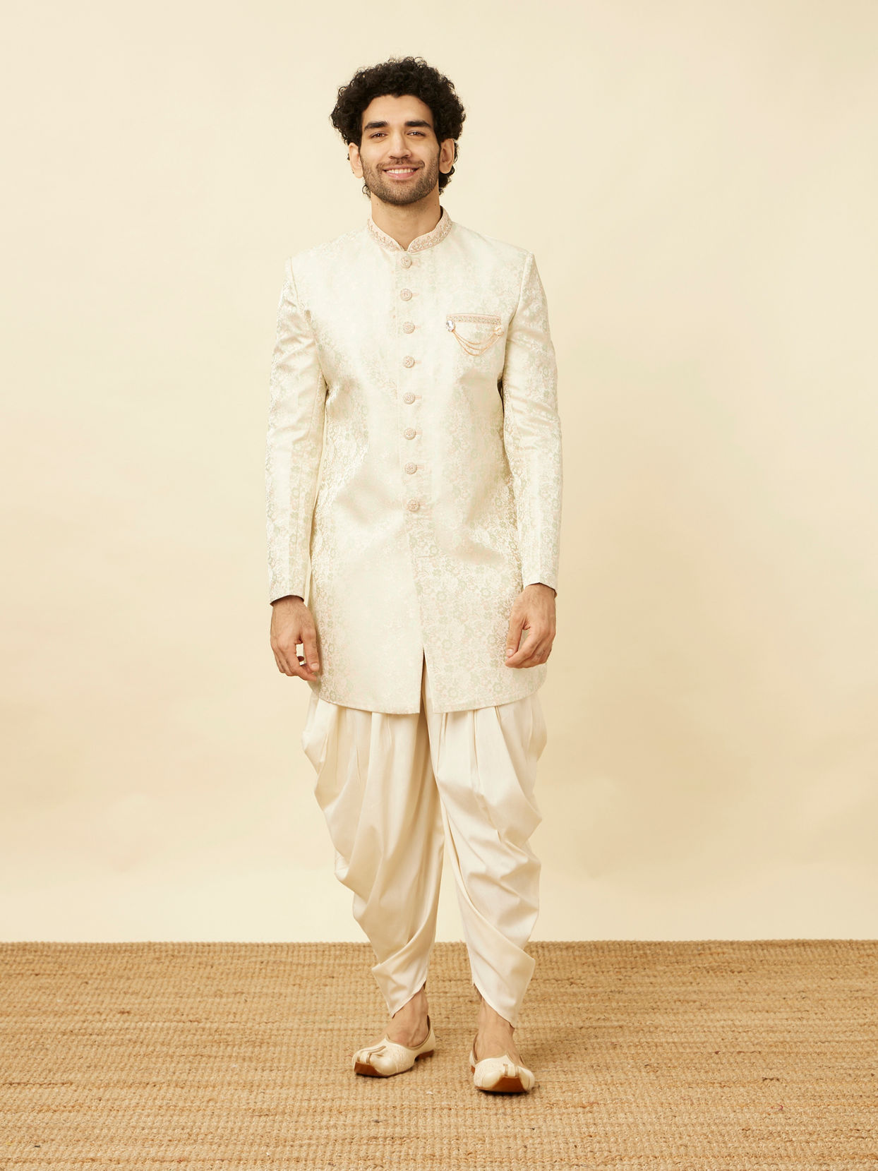 Manyavar Men Blush Pink Bel Buti Patterned Indo Western Set