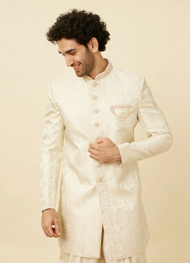 Manyavar Men Blush Pink Bel Buti Patterned Indo Western Set image number 0