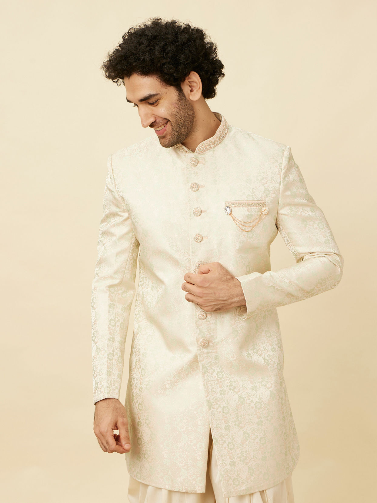 Manyavar Men Blush Pink Bel Buti Patterned Indo Western Set image number 0