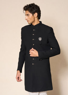 Manyavar Men Majestic Black Knitted Indo Western Set