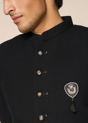 Manyavar Men Majestic Black Knitted Indo Western Set