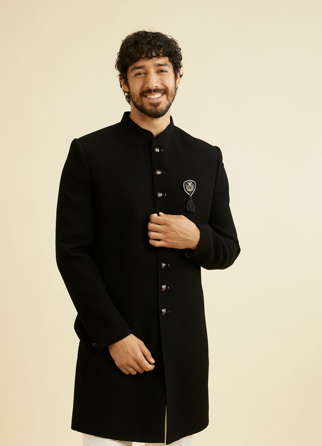 alt message - Manyavar Men Majestic Black Knitted Indo Western Set image number 0