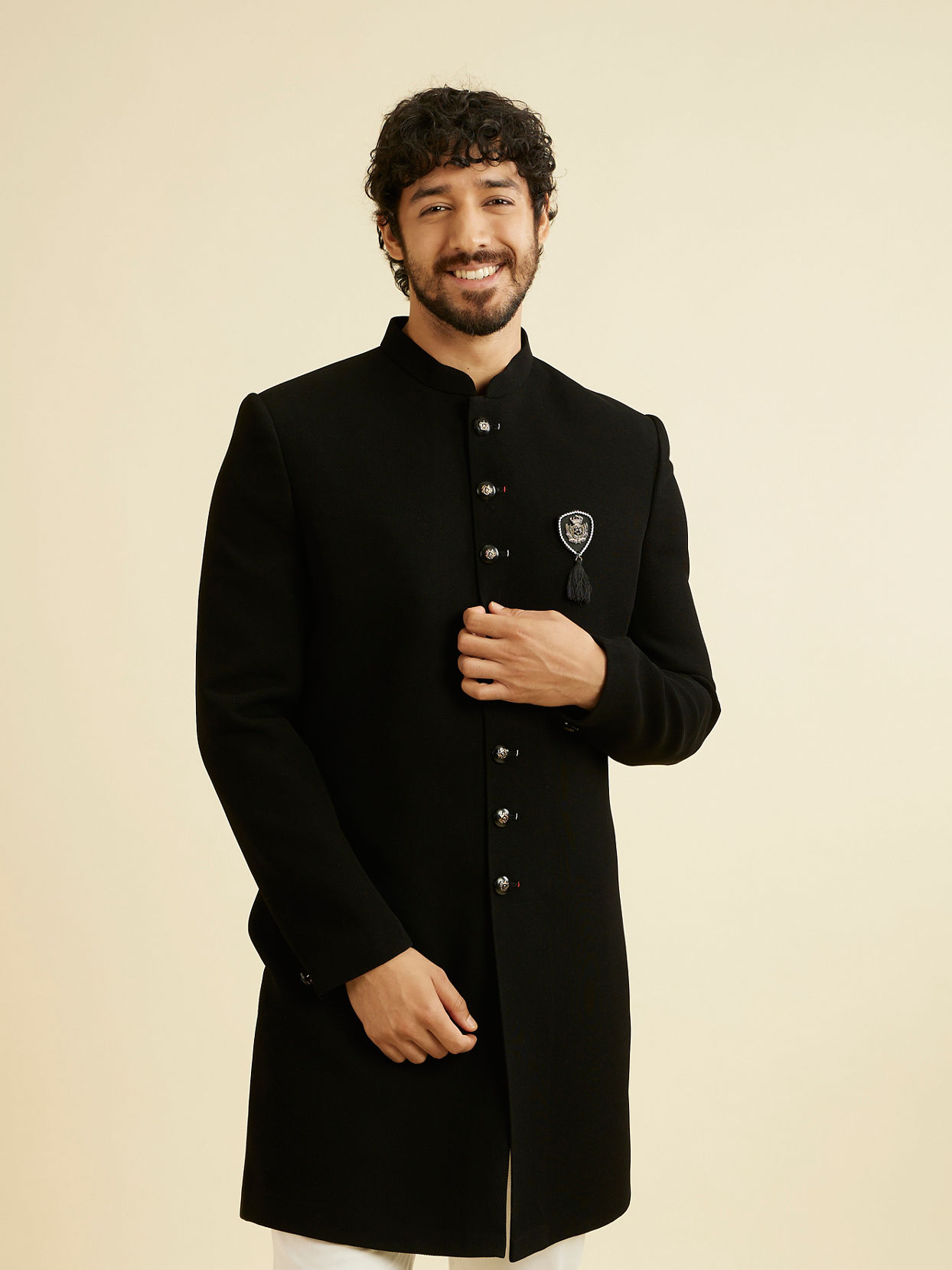 alt message - Manyavar Men Majestic Black Knitted Indo Western Set image number 0