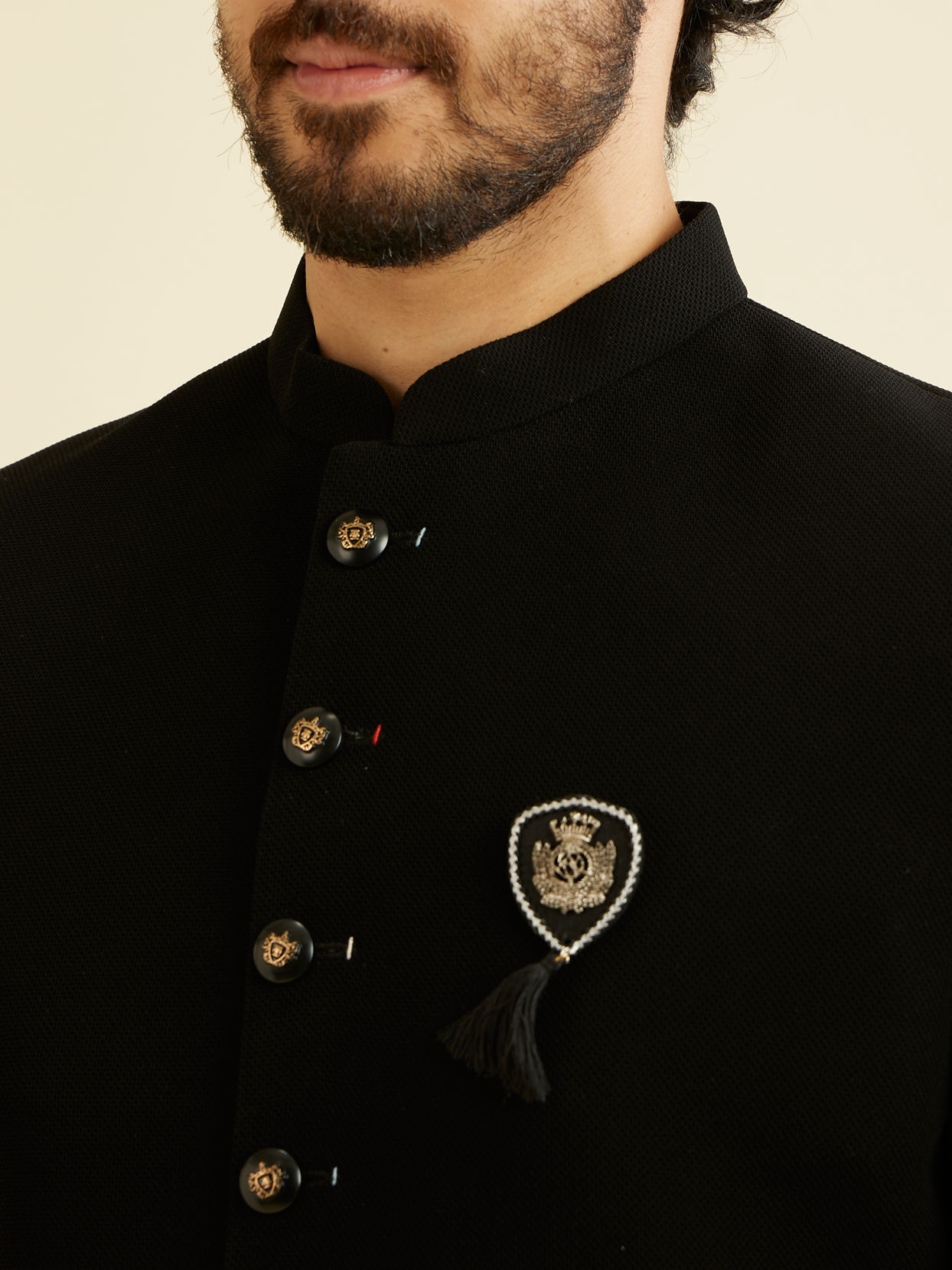Manyavar Men Majestic Black Knitted Indo Western Set