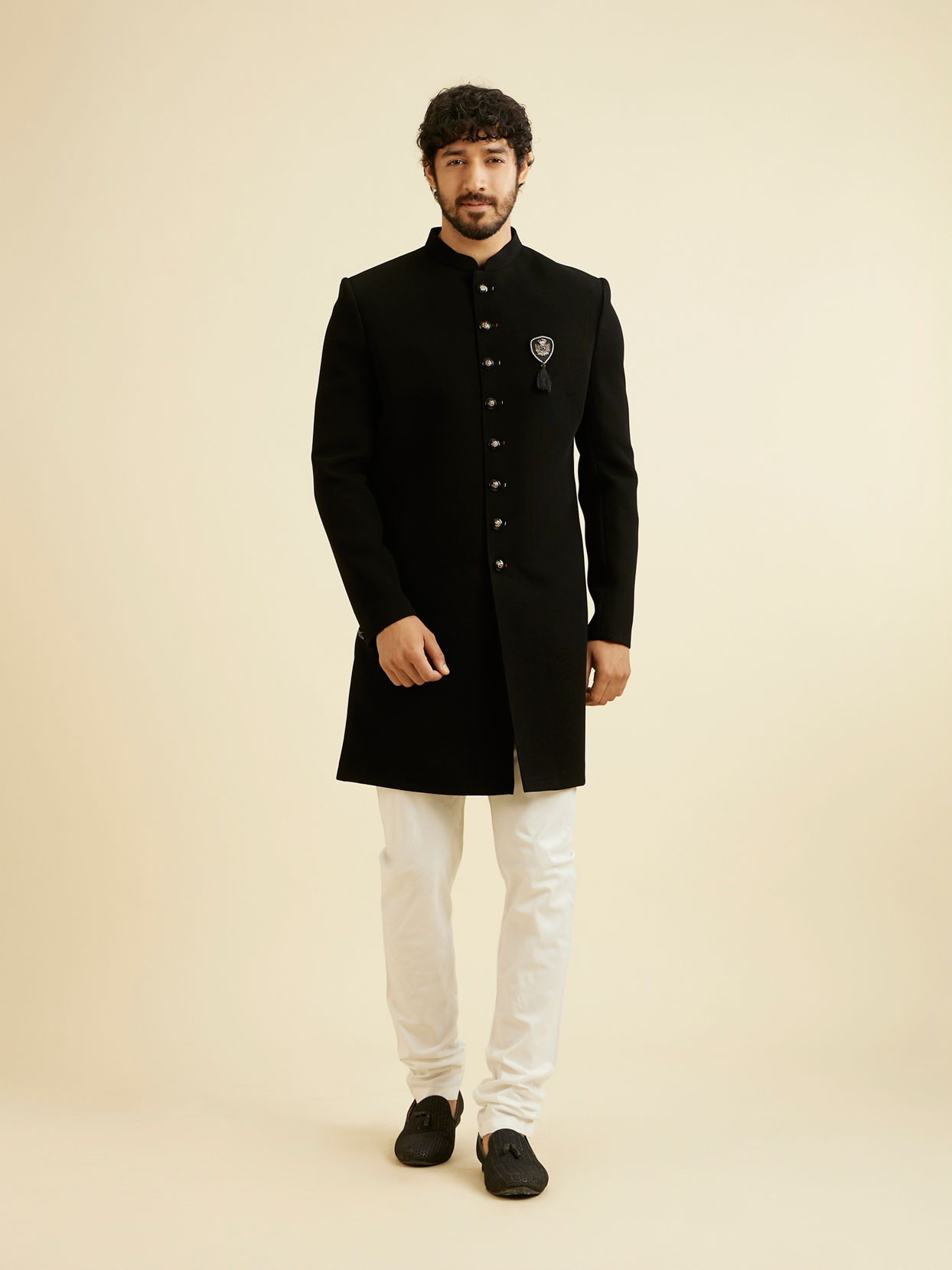 Manyavar Men Majestic Black Knitted Indo Western Set
