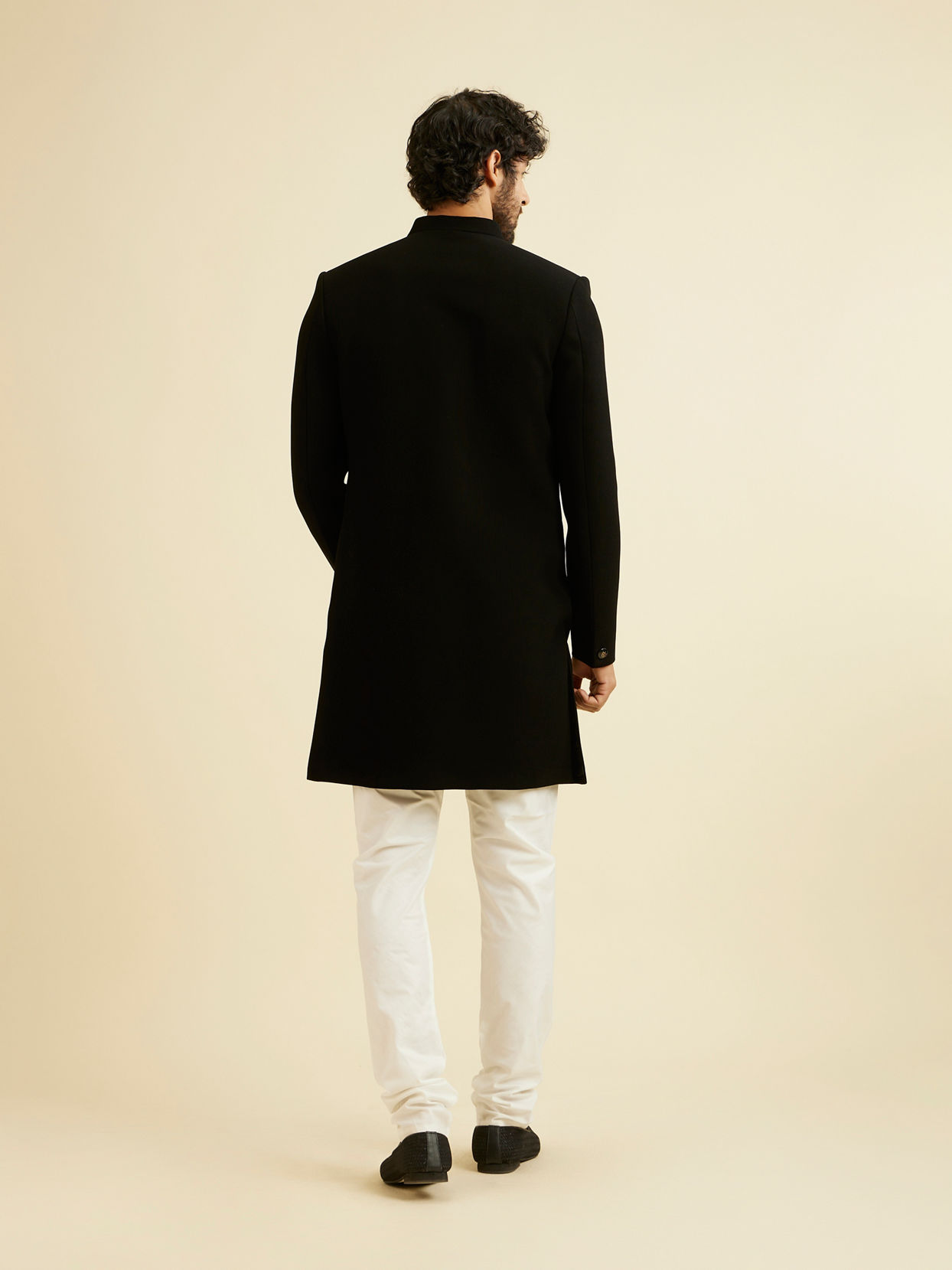Manyavar Men Majestic Black Knitted Indo Western Set