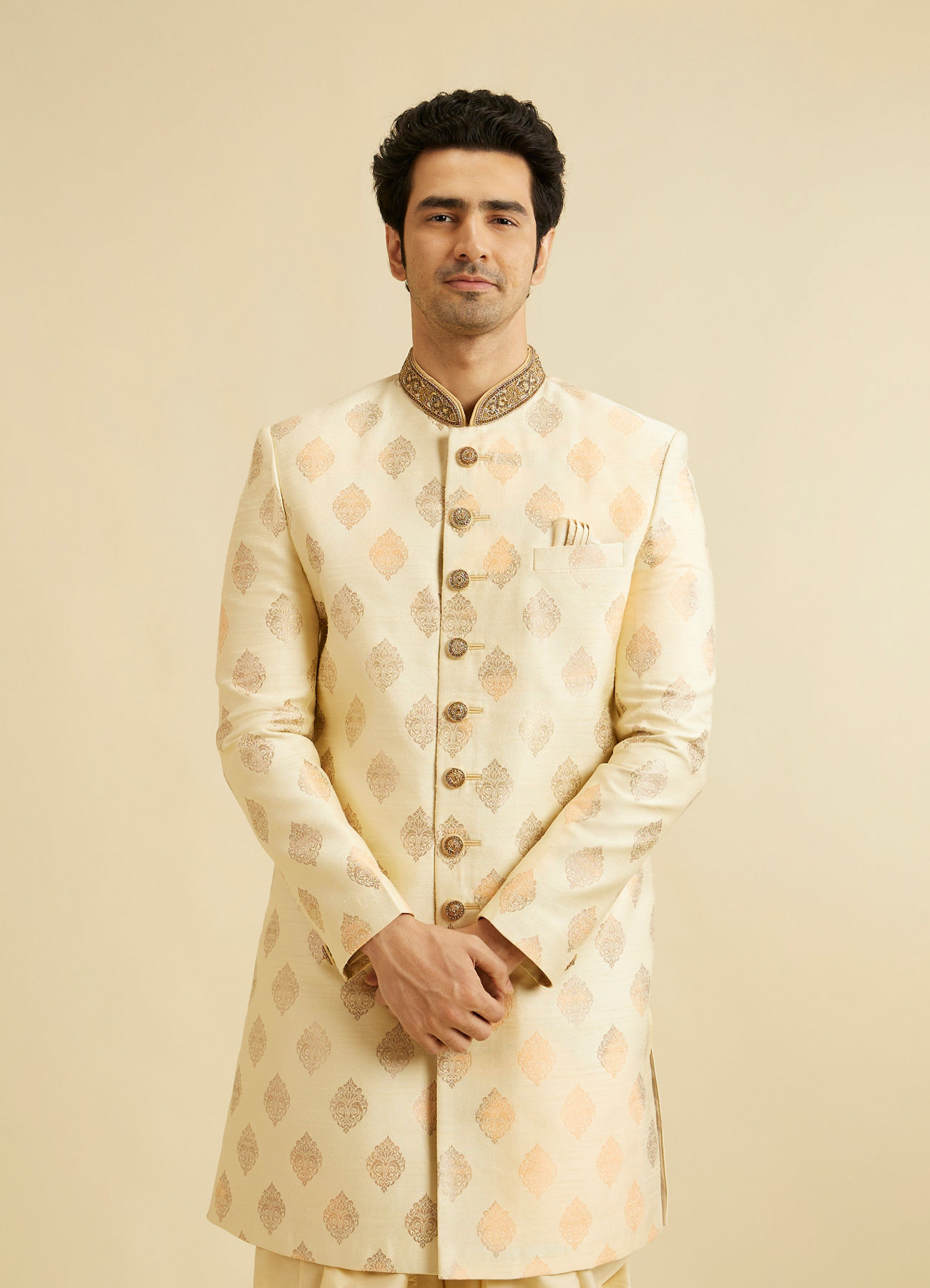 Manyavar Men Sober Beige Indo Western Set