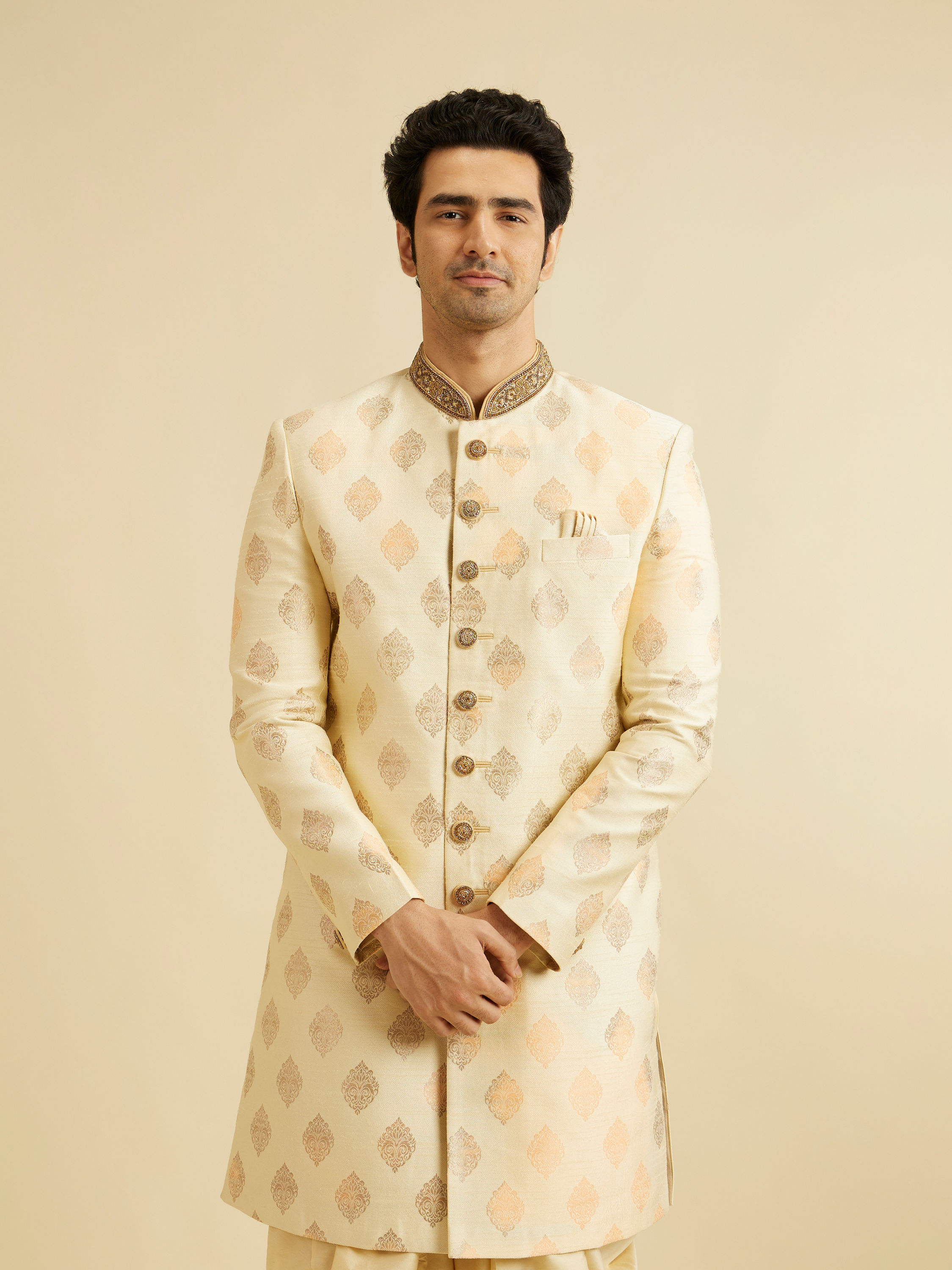 Manyavar Men Sober Beige Indo Western Set