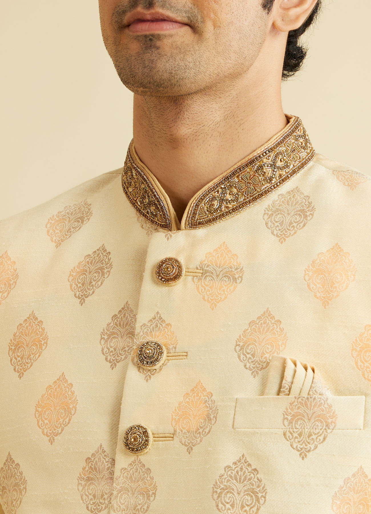 Manyavar Men Sober Beige Indo Western Set
