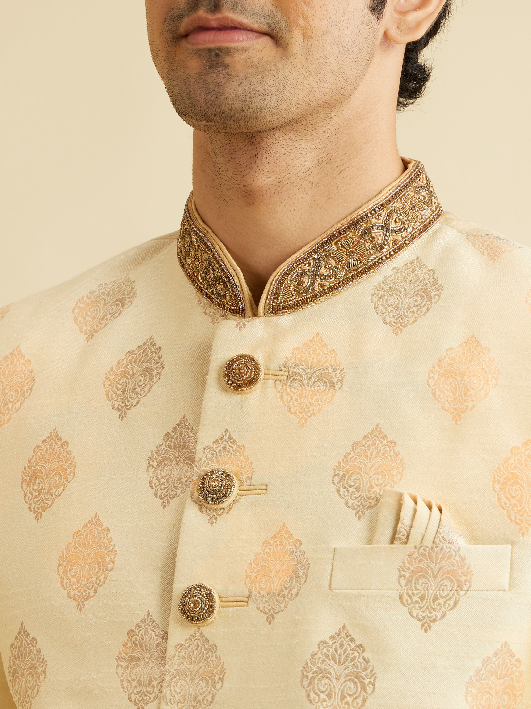 Manyavar Men Sober Beige Indo Western Set