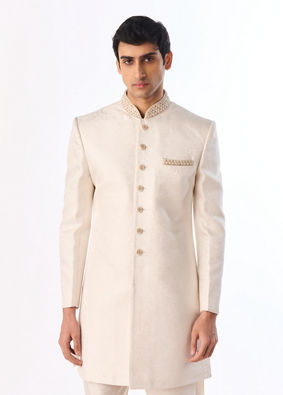 Manyavar Men Off White Medallion Patterened Brocade Indo Western Set