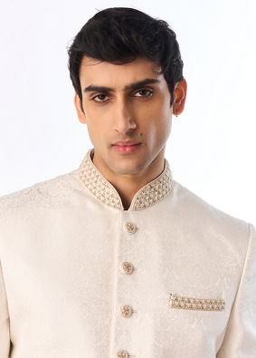 Manyavar Men Off White Medallion Patterened Brocade Indo Western Set