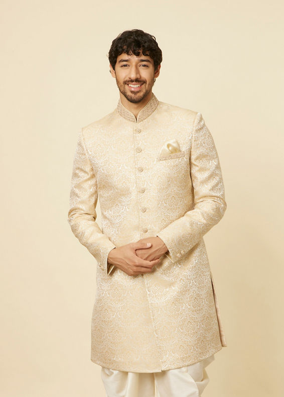 Manyavar Men Sand Beige Medallion Patterned Indo Western Set