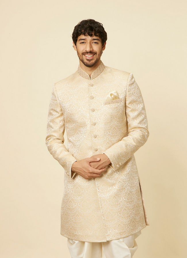 alt message - Manyavar Men Sand Beige Medallion Patterned Indo Western Set image number 0