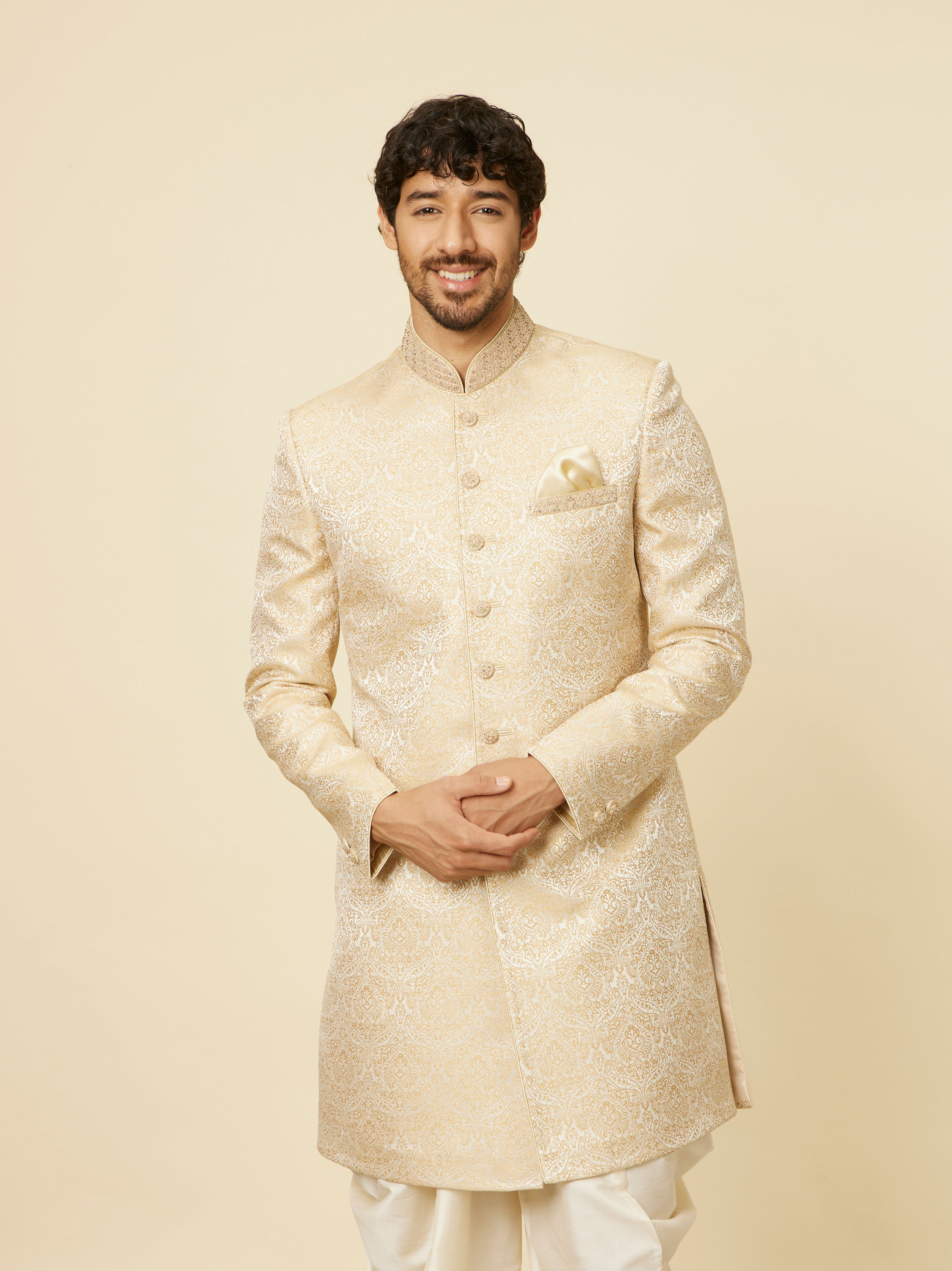 Manyavar Men Sand Beige Medallion Patterned Indo Western Set