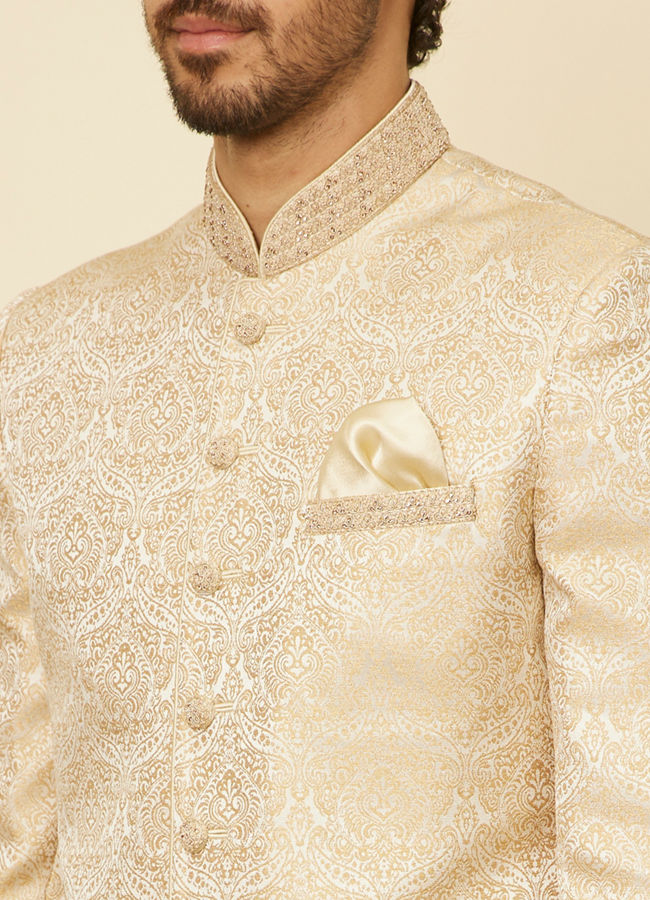 alt message - Manyavar Men Sand Beige Medallion Patterned Indo Western Set image number 1