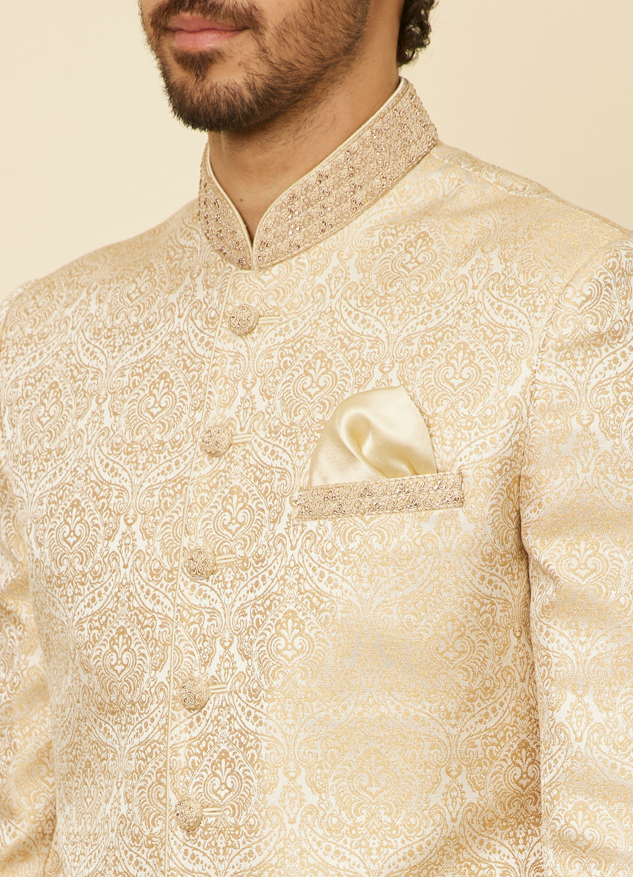 Manyavar Men Sand Beige Medallion Patterned Indo Western Set