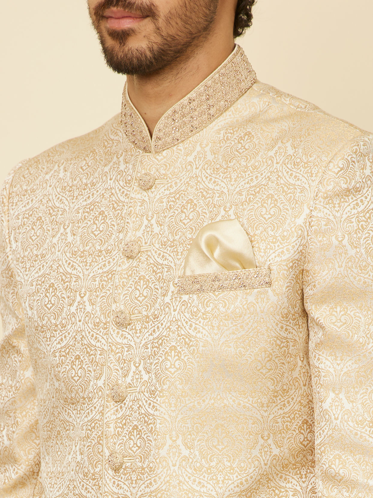 alt message - Manyavar Men Sand Beige Medallion Patterned Indo Western Set image number 1