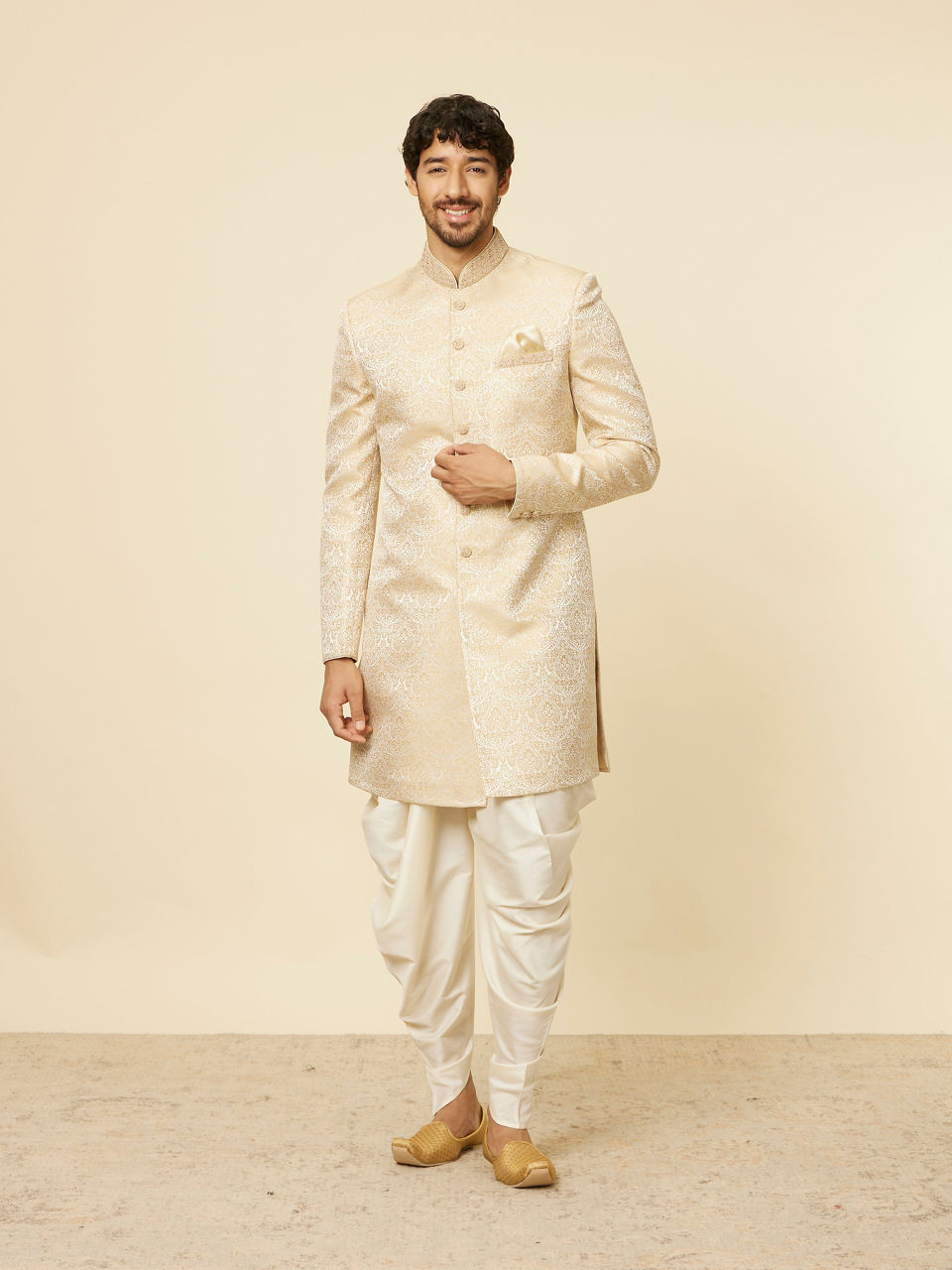 Manyavar Men Sand Beige Medallion Patterned Indo Western Set