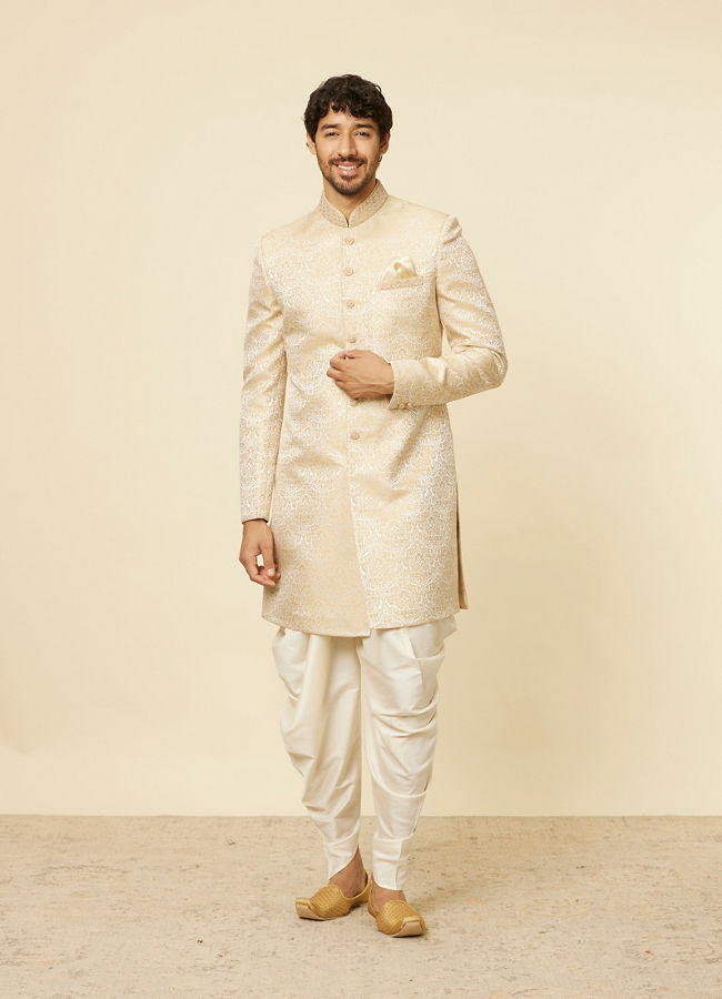 alt message - Manyavar Men Sand Beige Medallion Patterned Indo Western Set image number 2